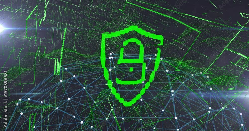 Poster grid pulsing initiating shield forming padlock shackle rising unlocking streams relocking looping