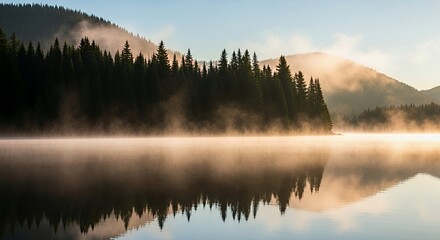 Fototapeta premium Misty Lake Reflection at Dawn with Silhouetted Evergreen Forest and Golden Haze