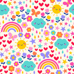 Colorful cute hand drawn flower, rainbow, butterfly, sun, star, cloud and rain seamless pattern design for kids print.