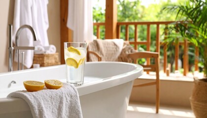 Relaxing Spa Bathroom With Lemon Water And White Tub