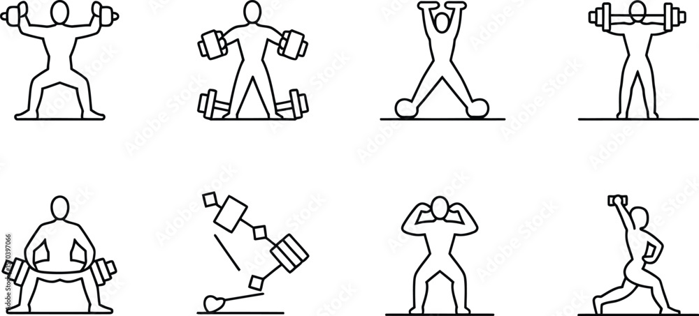 Poster a set of line drawings depicting various weightlifting exercises with dumbbells and barbells