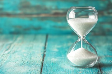 Hourglass with white granules on a weathered turquoise wooden surface emphasizing time concept