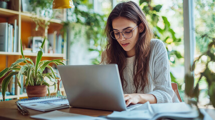 A young woman using a laptop for remote learning, sitting at a desk with study materials.