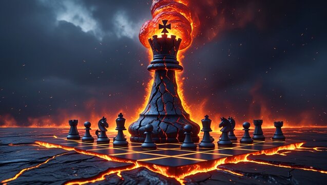 Inferno Chess King with Lava Flames on Battlefield of Fire - Powered by Adobe