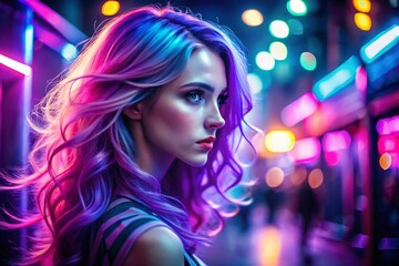 Naklejka premium Stylish Girl with Lilac Hair in Neon Club Nightlife Scene - Stock Photo