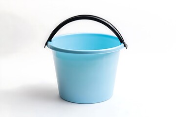 Light blue plastic bucket with black handle on a white seamless background