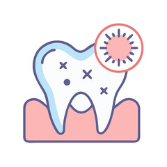 Tooth decay with bacteria in simplified cartoon illustration