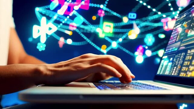 Woman using a laptop with digital network, a future technology concept - Powered by Adobe