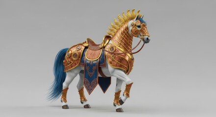 Majestic Steed Adorned in Ornate Golden Armor and Regal Blue Mane