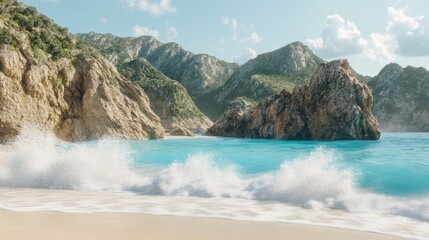 Fototapeta premium Turquoise waves crash on a secluded beach, nestled amongst towering cliffs.