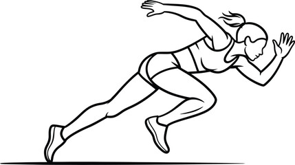 Fototapeta premium Outline drawing of a woman in running position wearing athletic clothing on white