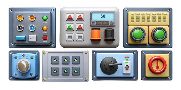 Collection of cartoon control panels with buttons switches and indicators   on transparent background