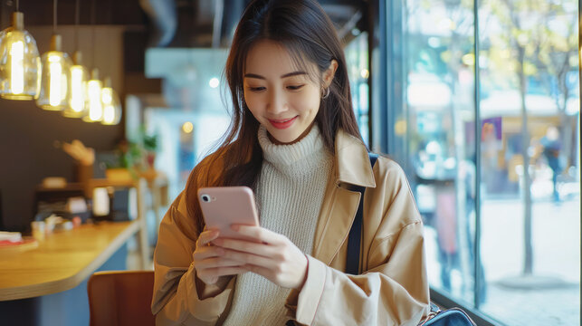 A woman taking a video call with a colleague using a smartphone in a co-working space. - Powered by Adobe