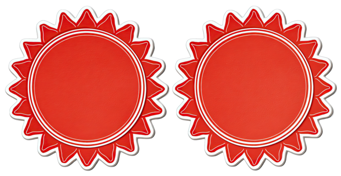 Two red circular badges with scalloped edges - Powered by Adobe