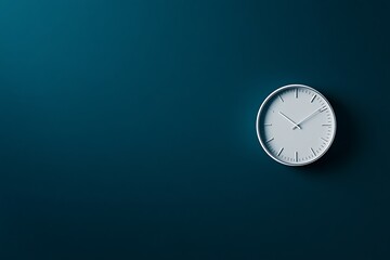 Minimalist round clock on dark teal background showing time with copy space available