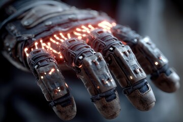 Metallic, glowing cybernetic hand with red energy. Detailed, close-up