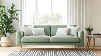 Mint green sofa with white pillows in bright living room with striped rug