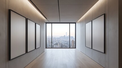 Obraz premium Modern art gallery with blank canvases overlooking cityscape through a large window