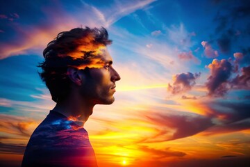 Sunset Silhouette Profile Double Exposure Photography - Vibrant Sky Background