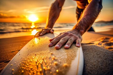 Surfer Carrying Surfboard on Sandy Beach at Sunset - Macro Photography