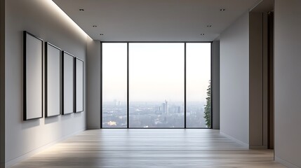 Obraz premium Modern hallway with city view, blank frames, wood floors and recessed lights