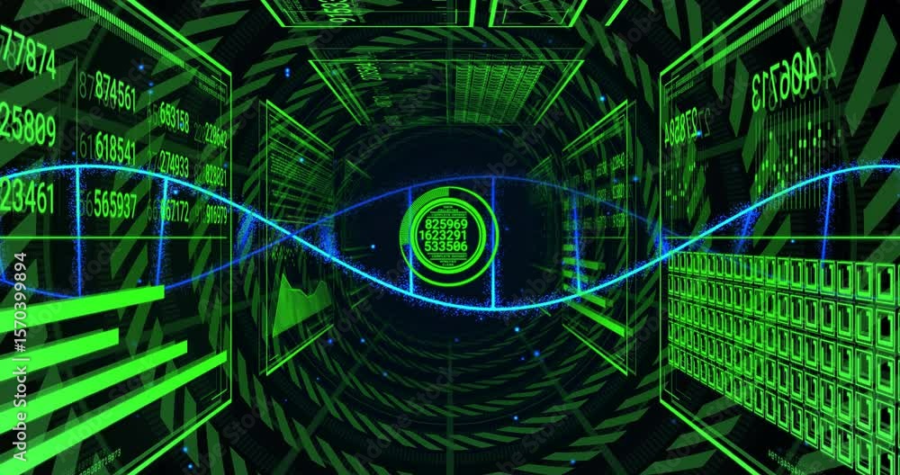 Poster appearing blue waveform traveling in neon tunnel to hub while panels updating codes showing data