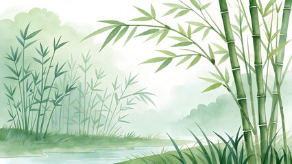 Obraz premium bamboo stems and leaves set, watercolor botanical illustration in traditional style, classic botanical illustration isolated on white