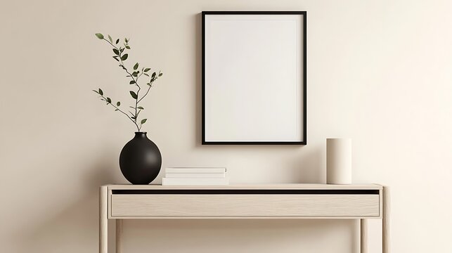 Modern interior with black frame, wooden console table, black vase, books, and cylinder object