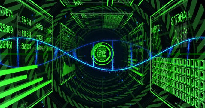 Appearing blue waveform traveling in neon tunnel to hub while panels updating codes showing data