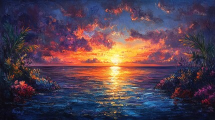 Vivid sunset over a tropical ocean landscape.