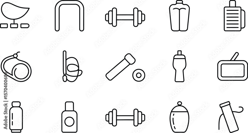 Poster a collection of fitness and exercise equipment icons in a simple line drawing style