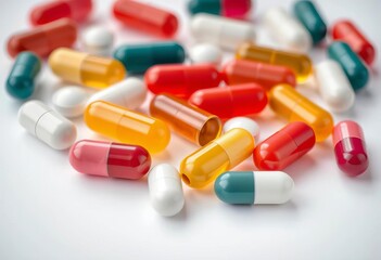 Close-up of assorted vitamin capsules on white,  colorful,  healthcare
