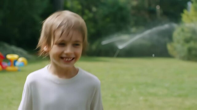 child laughing while playing in backyard sprinkler, high frame rate