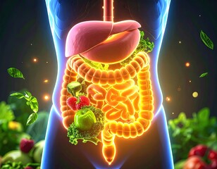 Human digestive system with fruits and vegetables
