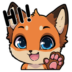 Cute Cartoon Fox Waving Hi with Big Eyes, Cheerful Greeting from a Furry Friend, Adorable Anime-Style Fox Character Saying Hello