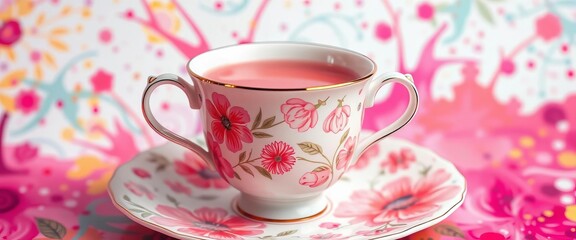 Delicate pink teacup, floral pattern, vibrant abstract splash background,  stylish,  retro