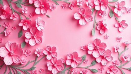 Fototapeta premium Delicate pink paper cut floral pattern background, vintage, paper