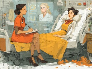 Patient in bed conversing with a medical professional