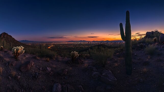 Panoramic sunset view of desert landscape and cityscape with saguaro cactus silhouette