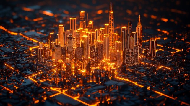 A futuristic city, ablaze with orange neon lights.