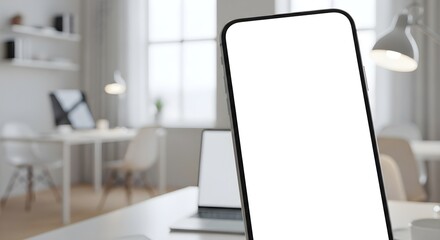 Modern Smartphone Mockup: Blank Screen in a Bright Minimalist Home Office