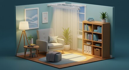 Cozy Minimalist Living Room 3D Isometric Room Illustration