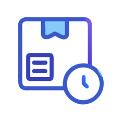 Blue package delivery icon next to a blue clock
