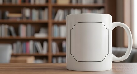 Elegant White Coffee Mug Mockup with Simple Design on Wooden Table and Blurred Bookshelf Background