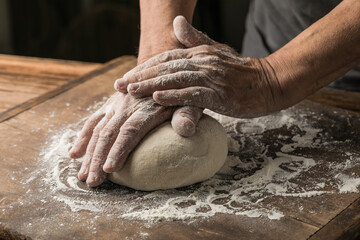 Elderly Hands Kneading Dough for Homemade Bread