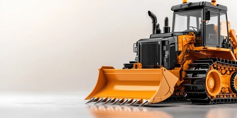 Fototapeta premium An orange and black bulldozer is presented in a cyberpop style, ideal for a dynamic website header displaying construction equipment with expert detail and art.