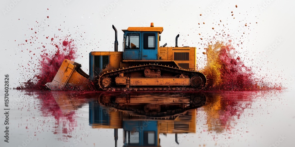 Poster a vibrant cyberpop scene featu a stylized bulldozer reflected in water with explosive color bursts, 