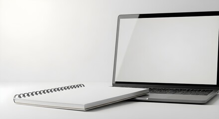 Modern Minimalist Workspace: Blank Spiral Notebook and Laptop Mockup