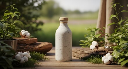 Elegant Speckled Bottle Mockup: Natural Skincare Product on Rustic Wooden Table with Greenery