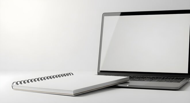 Modern Minimalist Workspace: Blank Spiral Notebook and Laptop Mockup - Powered by Adobe